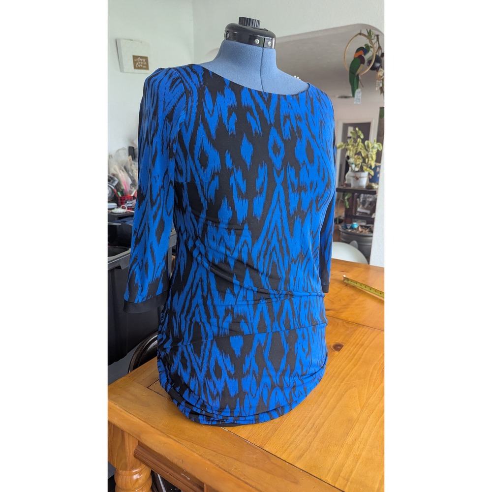 Calvin Klein Blue Black Ikat Print‎ Ruched Sheath Dress 3/4 Sleeve Size 10